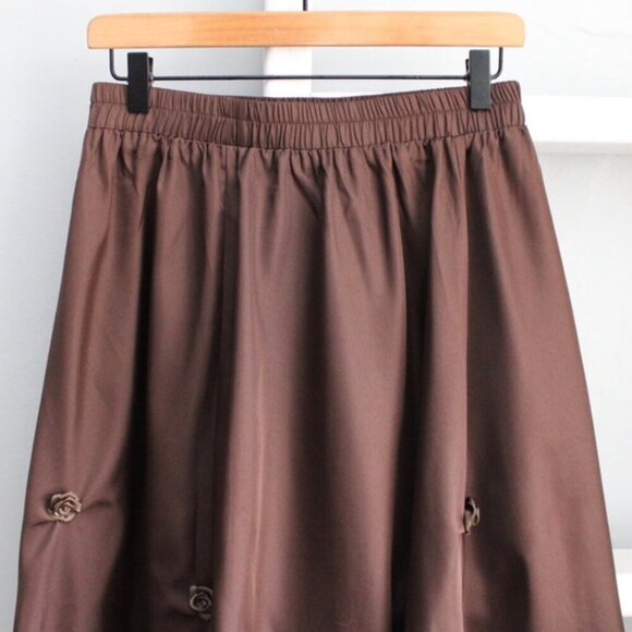 Chouyatou Brown Floral Rose Applique A-Line Pleated Swing Midi Skirt Large - Picture 3 of 8